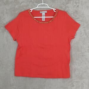 Sag Harbor Sport Petite Top Size P/XL Coral Orange Cotton Embellished Beaded Tee